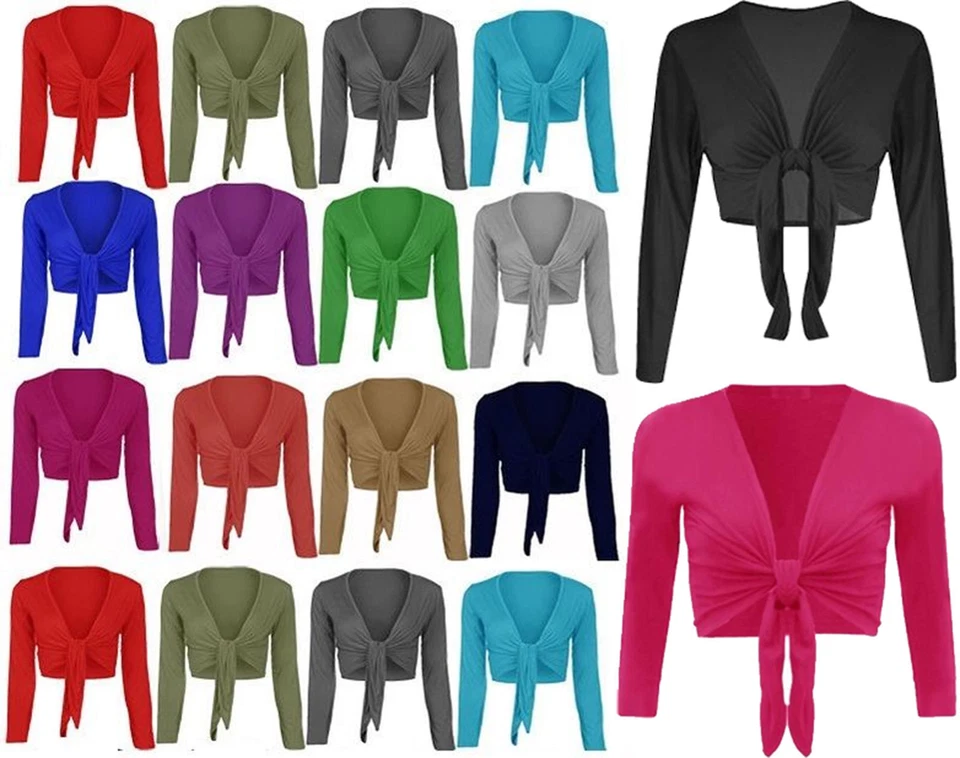 WOMENS PLAIN TIE KNOT SHRUG LADIES CROPPED BOLERO LONG SLEEVE TIE UP FRONT TOP - Image 1 of 1