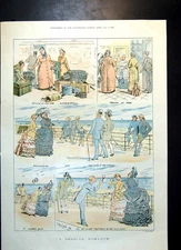 Antique Old Print Sketches Seaside Romance Man Retrieves Ladys Hat Blown 1883