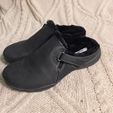 Clarks Roseville Clogs Black Leather Faux Fur Lined Mules Womens 8