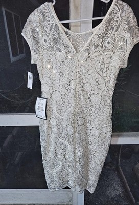 Connected Apparel Open Lace Sheath Dress Womens Sz 8 Off White W/ Full Tan Slip