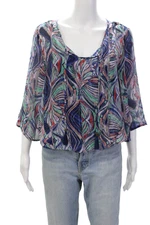 Ella Moss Womens 3/4 Sleeve Scoop Neck Abstract Silk Top Blue Multi Size Small