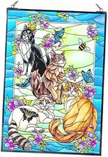 Cat Stained Glass Window Hangings for Women Mom 11" W x 15" H Hand-Painted