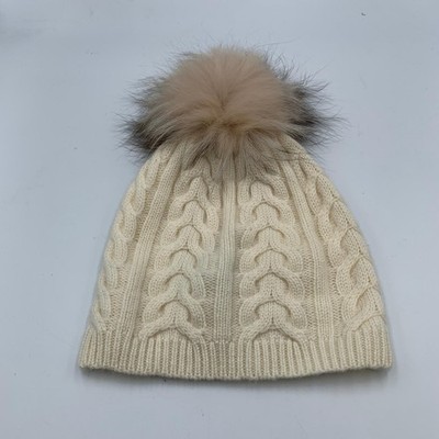 NEW Amicale New York 100% Cashmere Ivory Cable Knit Pom‎ Pom Beanie Winter Hat NEW Amicale New York 100% Cashmere Ivory Cable Knit Pom Pom  main image 4