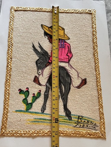 Vintage 2 Mexican Folk Art Burlap Signed Paintings Children Donkey Cactus 12x10 - Picture 6 of 10