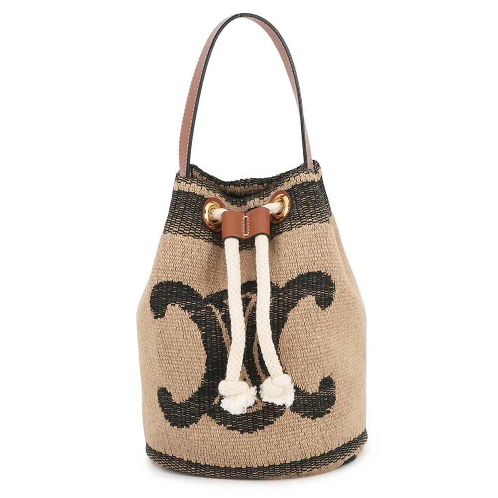 Celine — CELINE Teen Drawstring Triomphe Handbag Canvas/Leather Beige/Black/Tan 196532