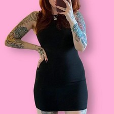 Black sleeveless bodycon mini dress in a smooth stretch fabric.