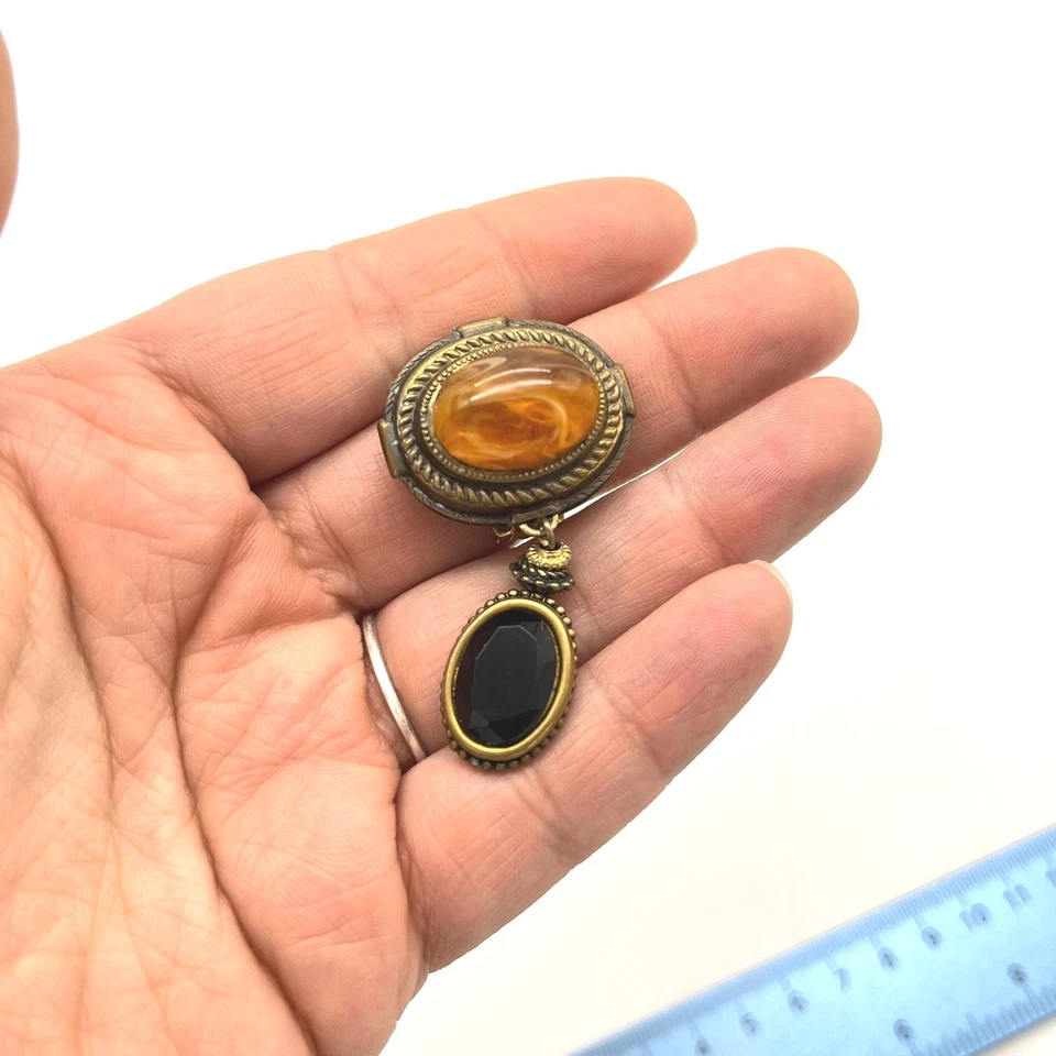 Pendientes de clip vintage ámbar y piedras preciosas negras ornamentadas colgantes Foto 2 de 4
