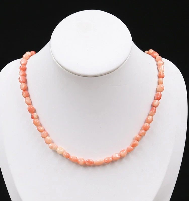 6x8 mm Stone Shaped Pink Coral Beads Gemstones Necklace 18'' - Picture 2 of 4