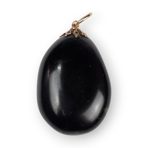 Vintage Black Glass Egg Shaped Necklace Pendant Oval Brass Filigree 2" Long - Picture 1 of 12
