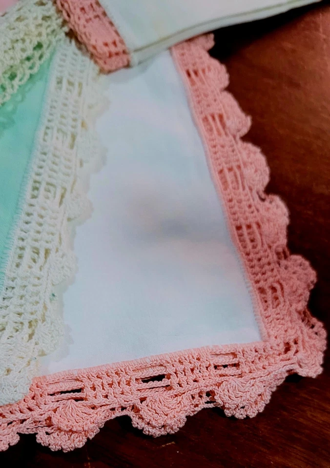 6 Vintage Hand Crochet Edge Handkerchiefs Hand Made Pink Green - Image 2 of 4