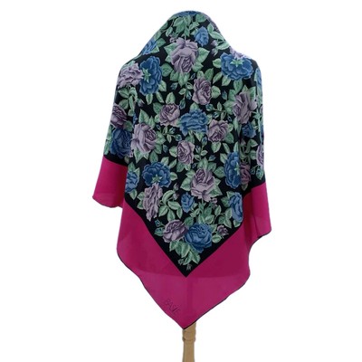 H2# BASILE Floral Scarf Vintage Bold Rose Print Pink Black Silk Made In Italy