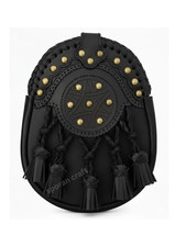 Scottish Black Leather Kilt Sporran Gold Studded Embossed Front with Chain Strap