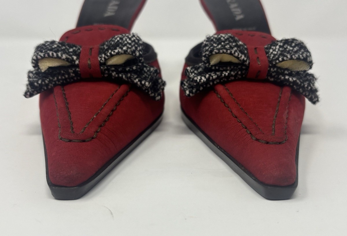 Prada Red Suede Mule Heels Size 37 Pointed Toe Kitten Heel Slides