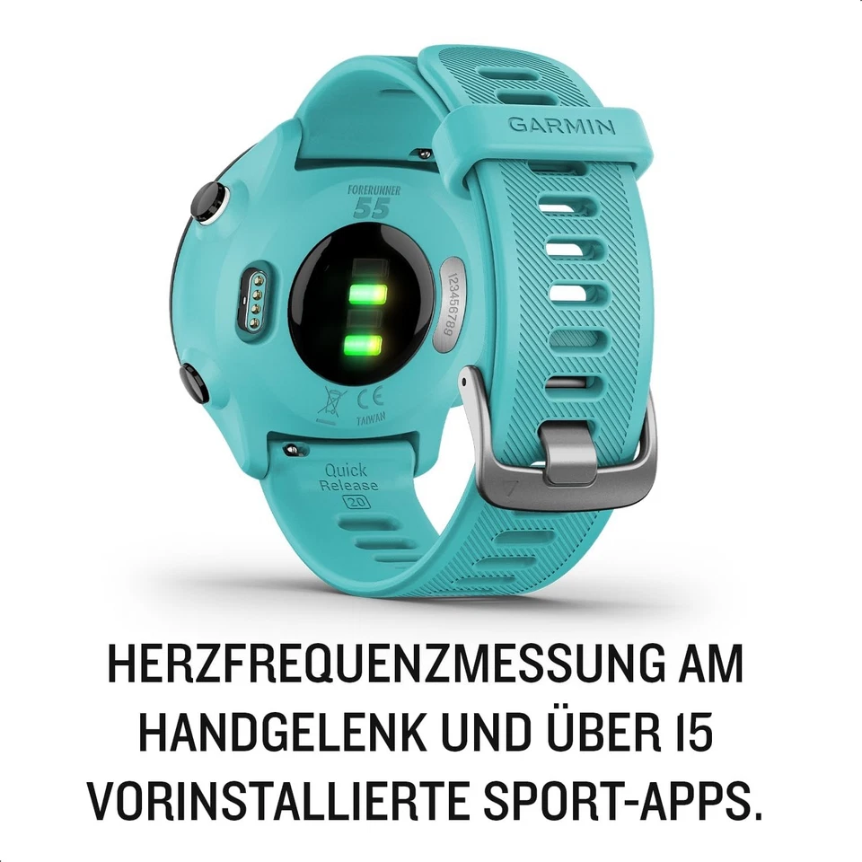 Garmin Forerunner 55 42mm Kunststoffgehäuse-Schwarz mit Silikonarmband in Türkis - Bild 3 von 4