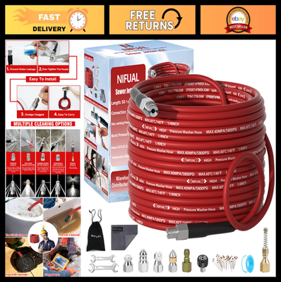 #ad 50FT Sewer Jetter Kit for Pressure Washer 5800PSI Drain Cleaner Nozzle DIY Too $75.99