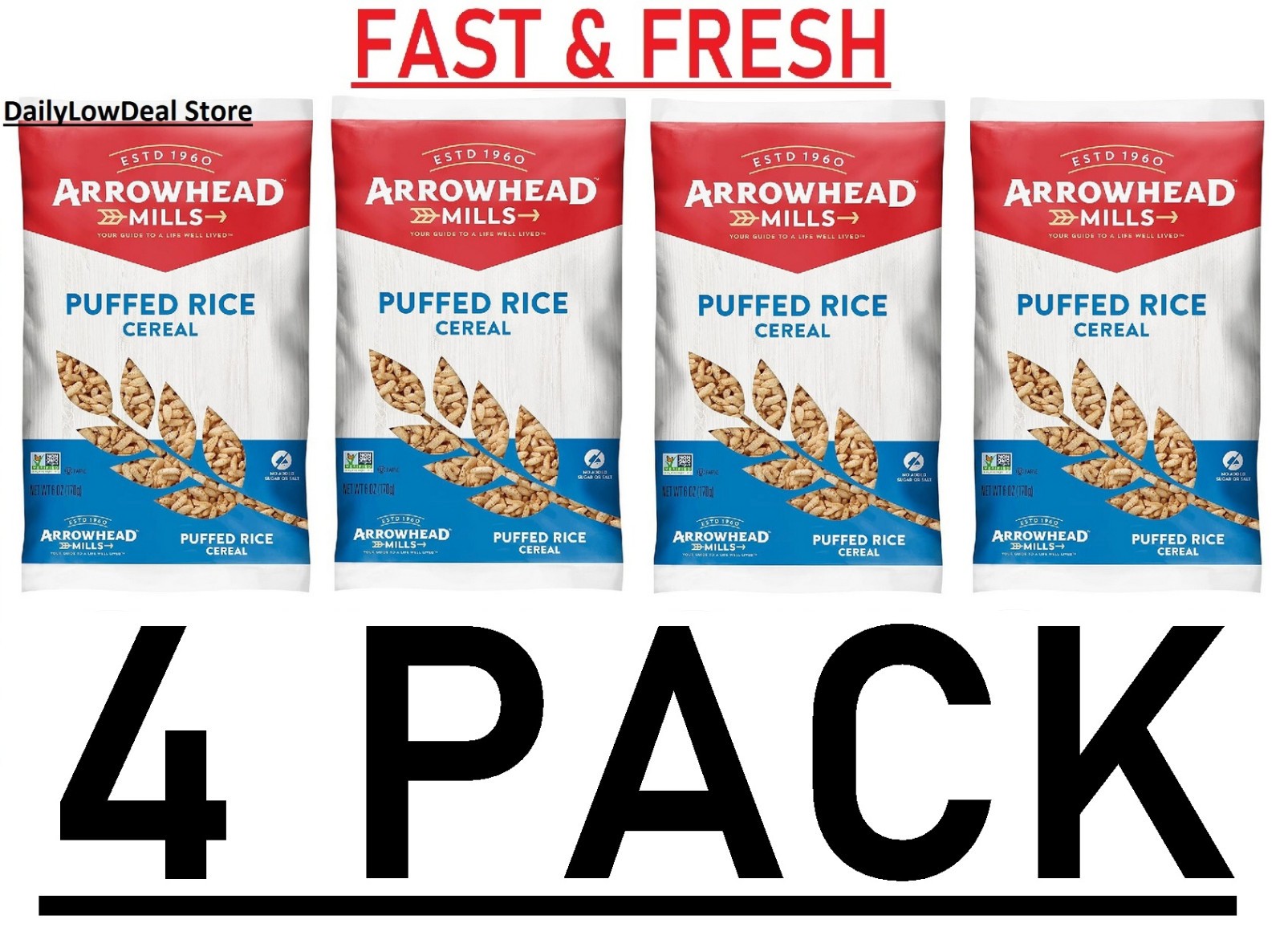 4 PACK - Arrowhead Mills Puffed Rice Cereal, 6 Oz (Total 24 