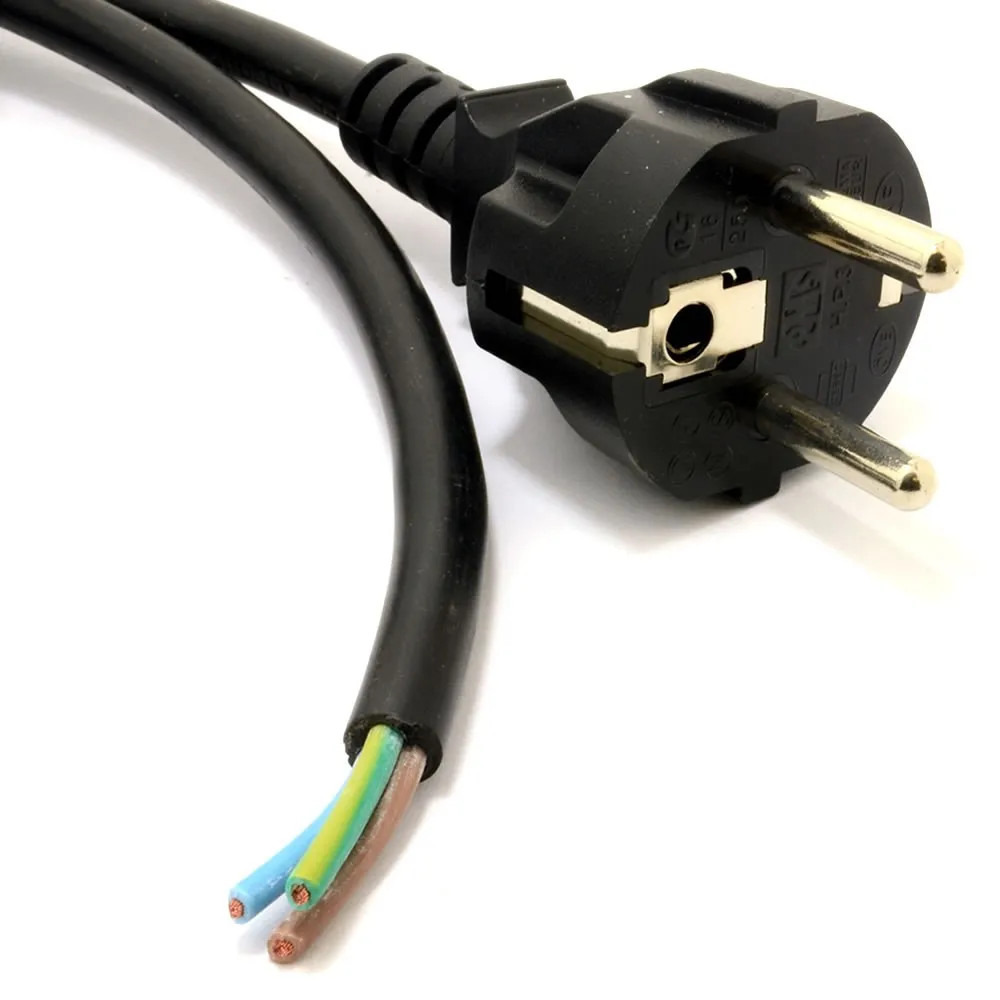 Euro Schuko 2 Pin Plug to Bare Wire 3 Core Mains Power 10A Cable