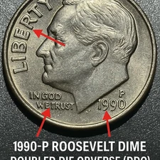 1990-P Roosevelt Dime Strong DDO + DDR Doubled Die Error Variety Coin