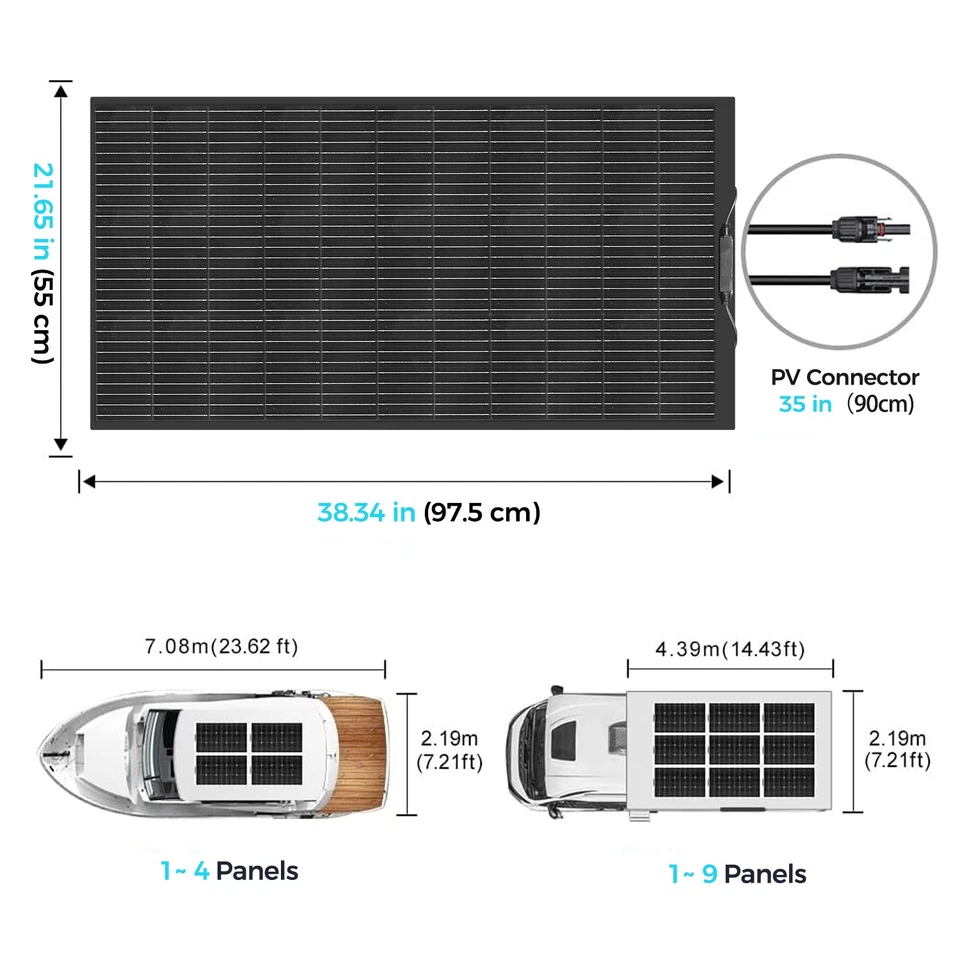 200W Solarmodul Flexibles Solarpanel für Wohnwagen Boote 12V/24V Mono Schwarz - Bild 2 von 4