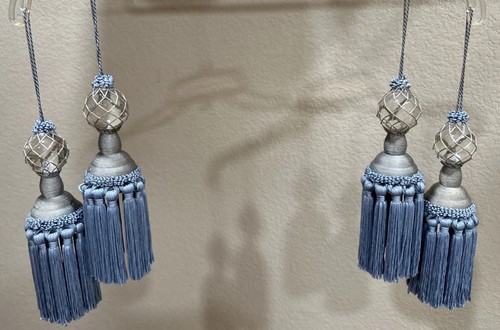 Vintage 12" Curtain Tie Back Tassel Netted Clear Ball Light Blue Holdback Deco