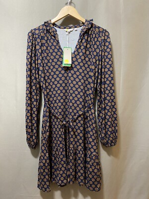 NWT BODEN Women Ruffle V-neck Long Sleeve Jersey Dress SZ 4R Navy/Brown Geo  Dots | eBay