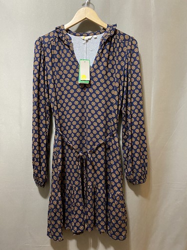 NWT BODEN Women Long Sleeve Ruffle Collar V-neck Dress SZ 4R Navy Brown Geo Dots - Picture 1 of 17