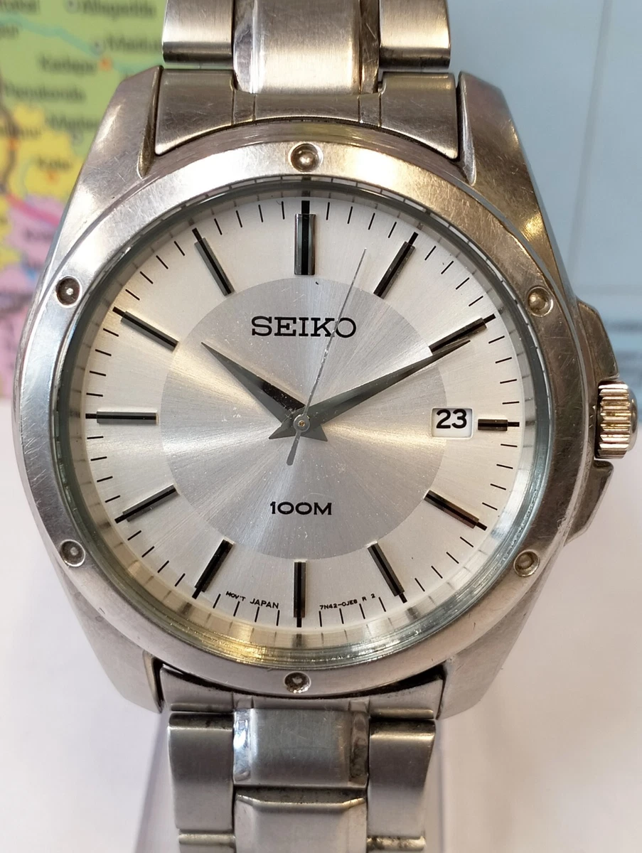 Seiko Cuarzo Esfera Plateada 7N42 0FH0 Jap n HOMBRES Full Trabajo All Original