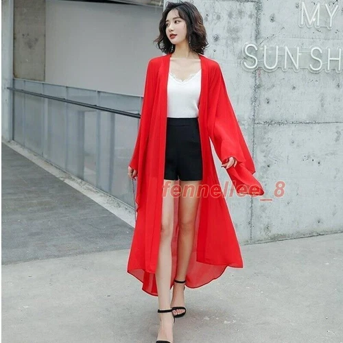 Damen Transparent Chiffon Kimono Lange Jacke Cardigan Schal Achselzucken Bolero Sommer Strand - Bild 15 von 25