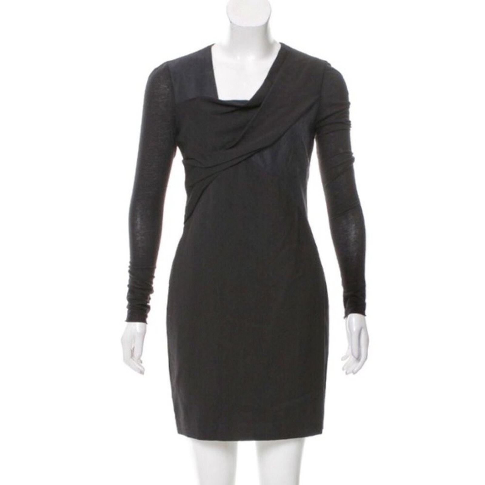 Helmut Lang Dress 4 Black Angora Silk Cocktail Dress Sheer Sleeves Asymmetric-image