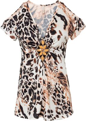 Off-Shoulder-Shirt mit Accessoire Gr 36/38 Beige Schwarz Damen Kurzarmshirt Neu*