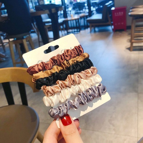 6Pcs Elastic Hair Bands Satin Silk Solid Color Scrunchie Hair Ties Ponytail Rope - Picture 7 of 11