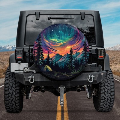 Camping Under The Aurora Spare Tire Cover, Northern Lights Mountain Spare Tire C