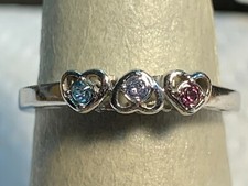 Sterling Silver 925 Ring with Three Hearts Multiple Colored Stones Size 7.