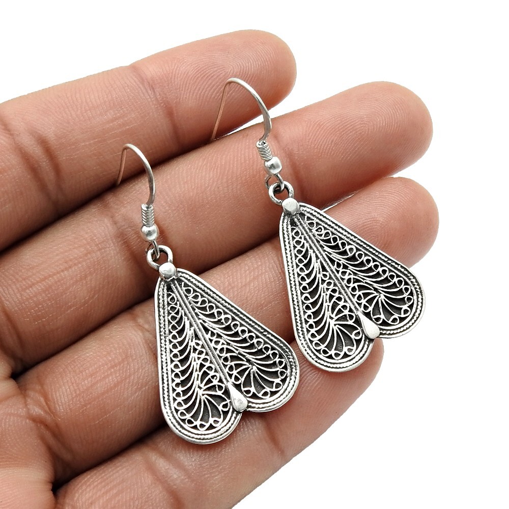 Artisan Heart Earrings Solid 925 Sterling Oxidized Silver