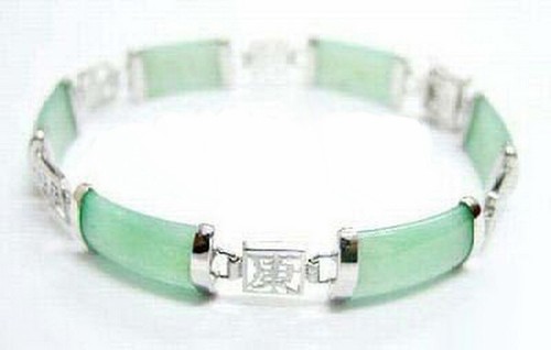 Natural Light Green Jade 18KWGP Blessing Fortune Longevity Clasp Bangle Bracelet - Picture 2 of 3