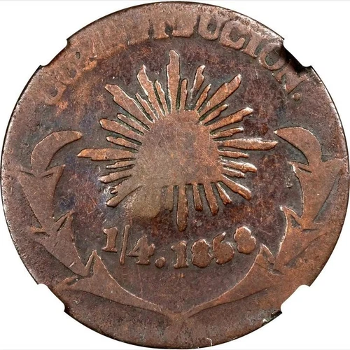 Mexico 1/4 Real 1858 Durango, NGC F12 BN. Emilio O. Collection KM# 347