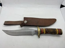 Chipaway Cutlery Bowie Hunter Knife, Leather Stack Handle, Leather Sheath