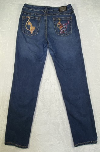 Pantalones de mezclilla vintage Baby Phat talla 11 bordados gatos Y2K cintura elástica pierna recta - Imagen 15 de 23