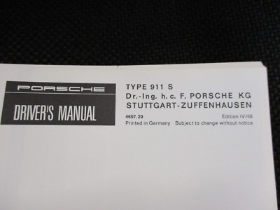 NEW Porsche 1968 911-S Original Drivers Manual 2.0 liter