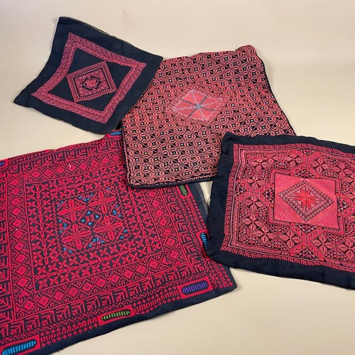 Four Vintage Middle-Eastern Cushion Covers Hand Stitched Red Fabric Parchments - Picture 4 of 21