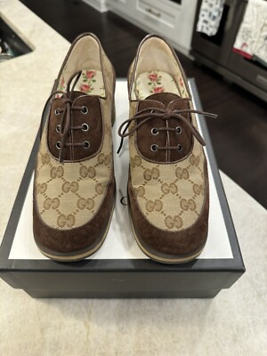 Gucci Thompson Beige Brown Monogram Bee Suede Loafers Size EU 36.5