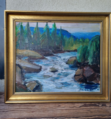Vintage Swedish Oil Painting Mountain Stream, 1960s, Signed