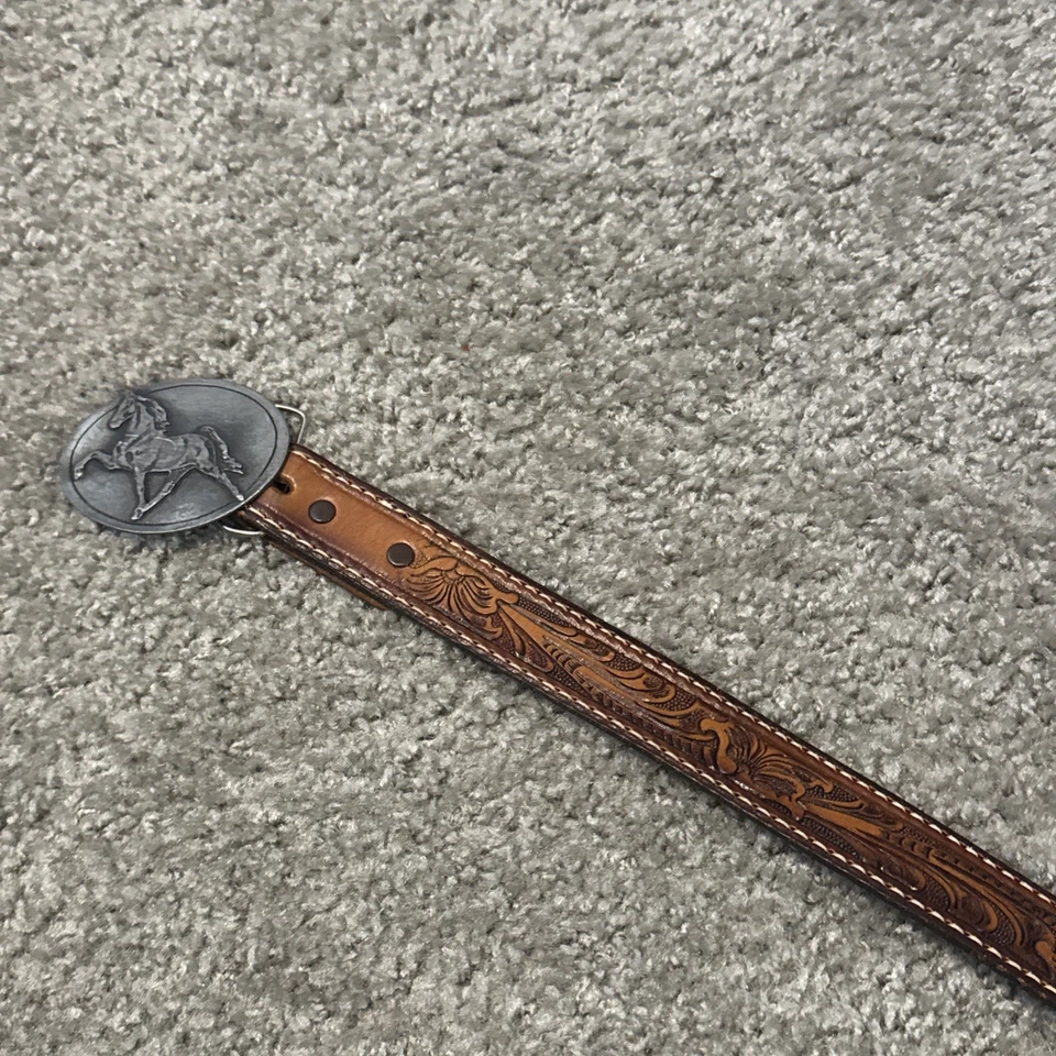 复古 Tony Lama 镶嵌皮革腰带旧锻金属锡马扣 26 英寸 — 第 3/4 张图片