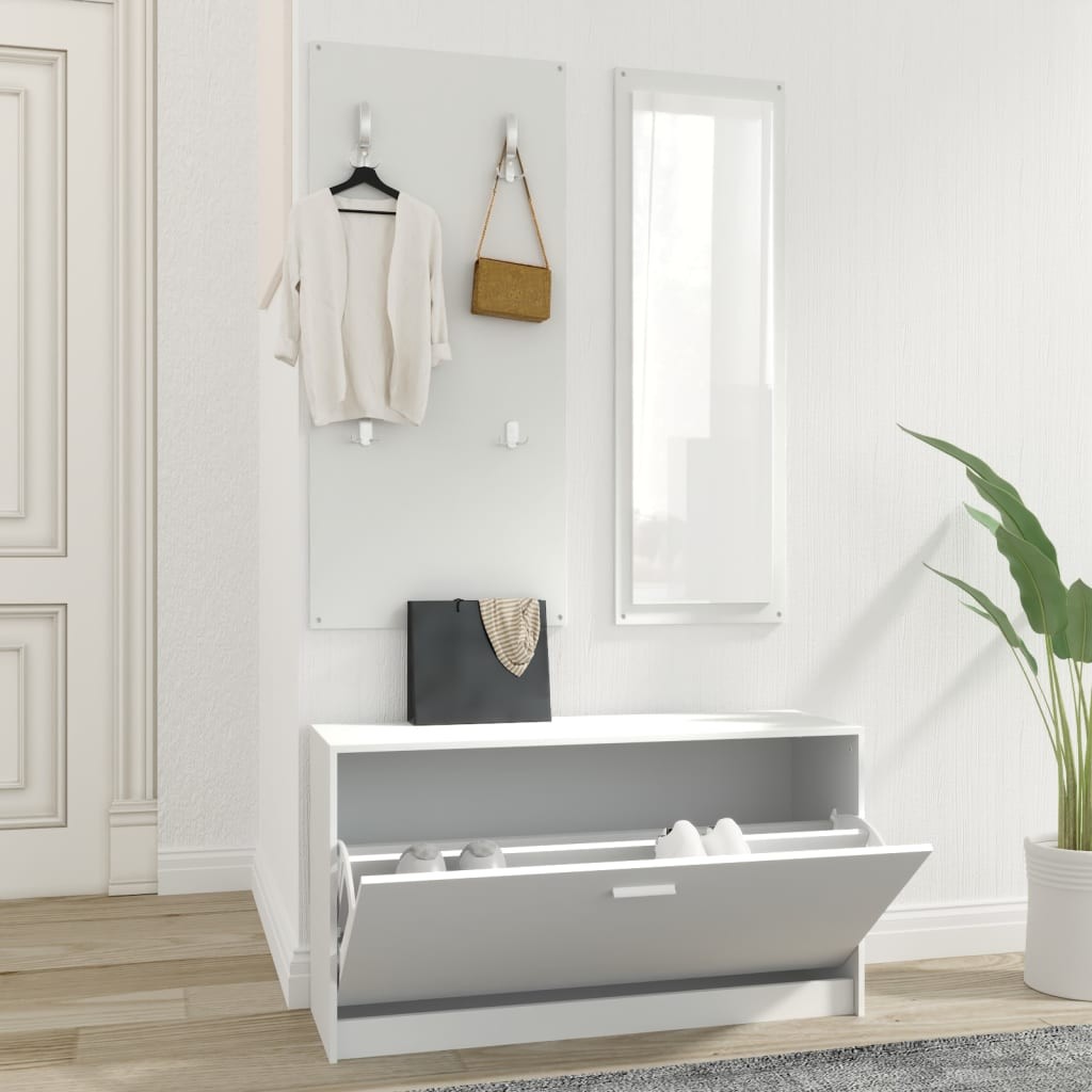Mobile Ingresso 3 in 1 Bianco Moderno - Scarpiera con Specchio e Ganci