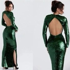 NEW House Of CB Belle Pine Green Sequin Maxi Dress Open Back Long Glam S