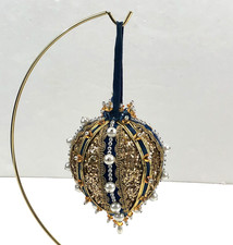 Vintage Handmade Ornate Beaded Glitter Velvet Christmas Ornament Blue Gold