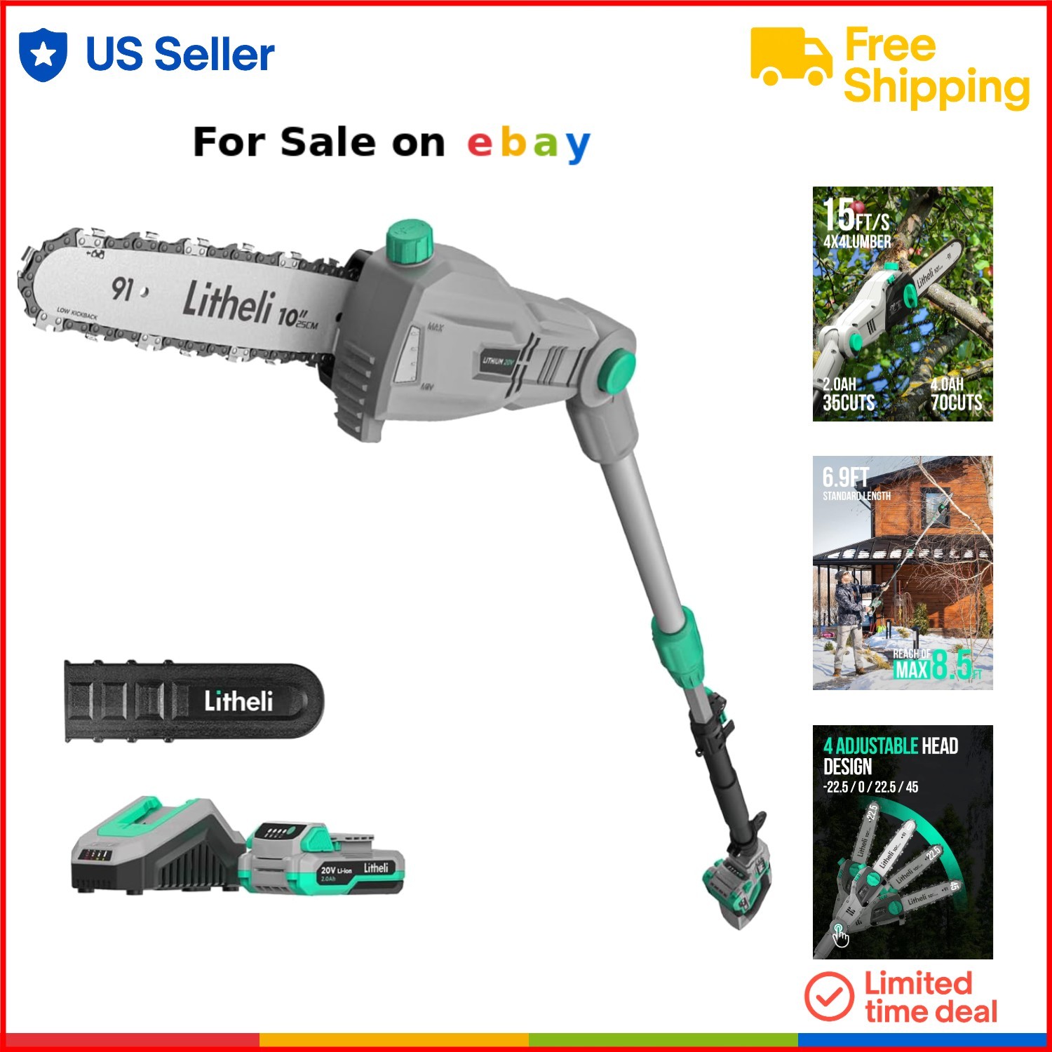 10-Inch Cordless Pole Chain Saw with 2.0Ah Battery for Easy Tree Trimming