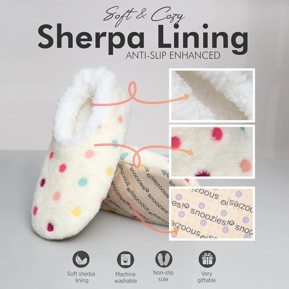 Zapatillas para mujer Snoozies | Lotsa Dots coloridas acogedoras Sherpa medianas, blancas  Foto 3 de 4