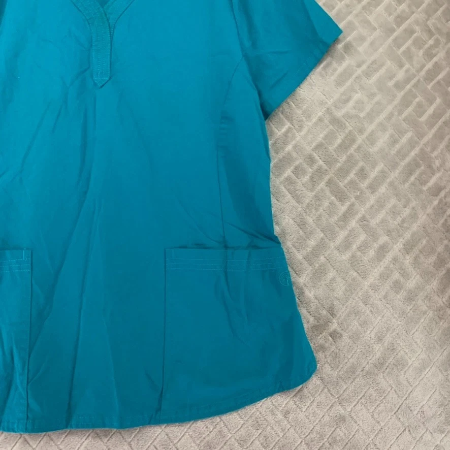 Purple Label Womens Large Scrub Top Teal Blue Short Sleeve Cargo Pockets Stretch - Image 4 of 4