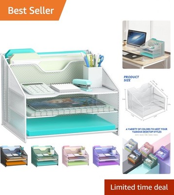 Durable White Desk Organizer with 3 Trays & 2 Upright Sections for Easy Access